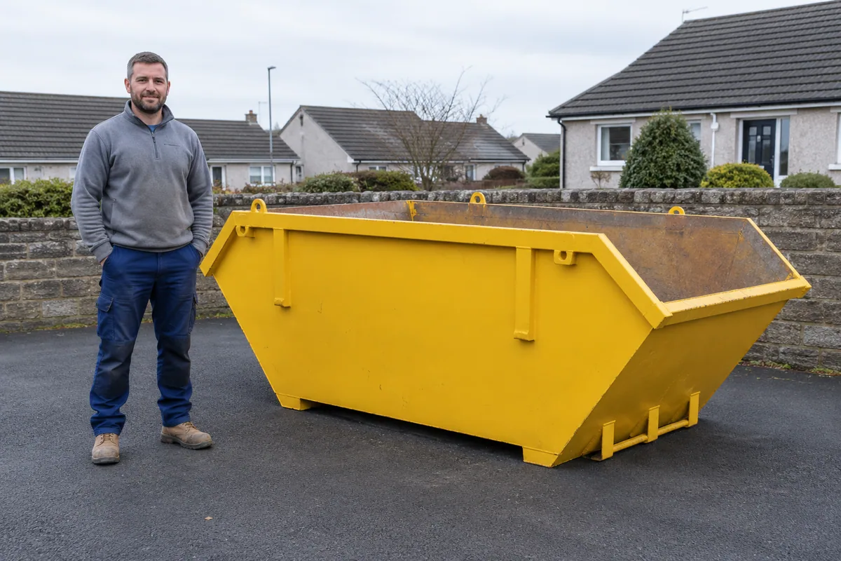 Man standing fully visible beside a 6 yard skip for scale