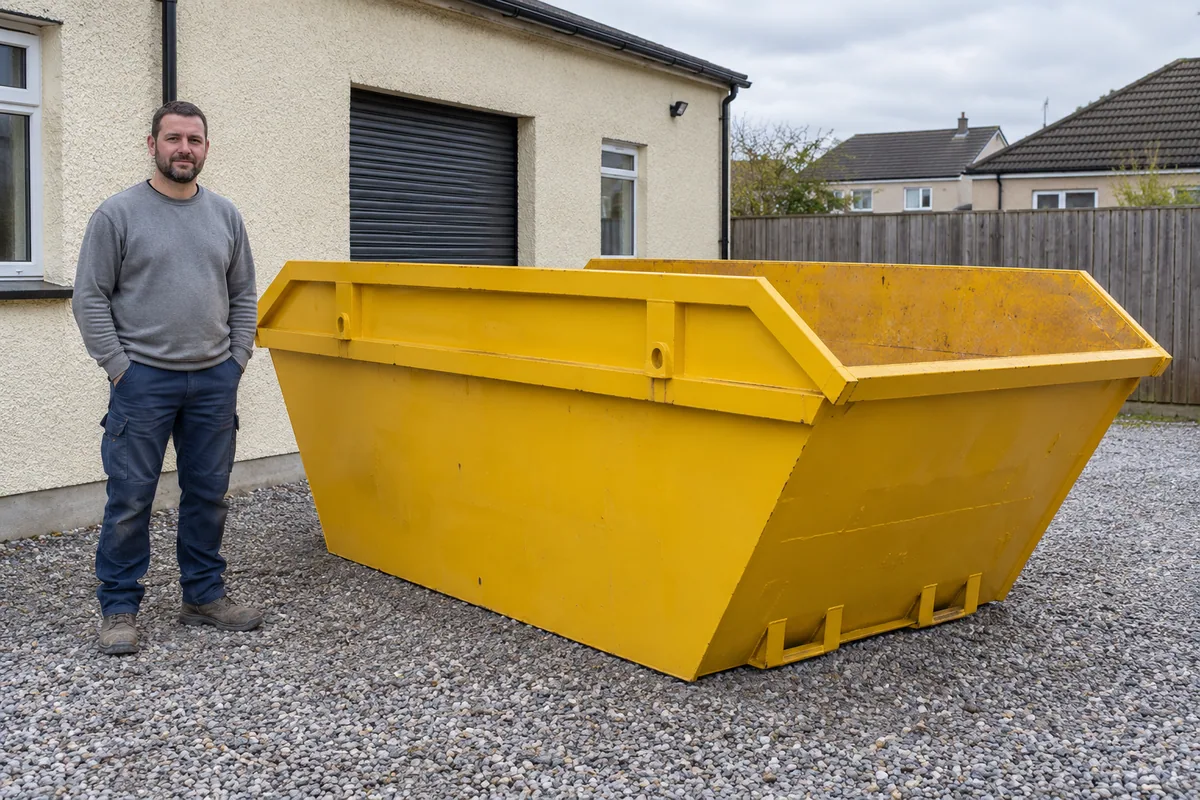 Man standing fully visible beside a 8 yard skip for scale