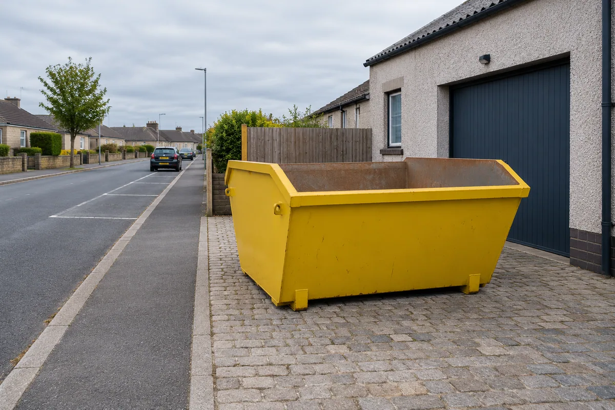 Skip in a private yard with a clear roadside footway beyond