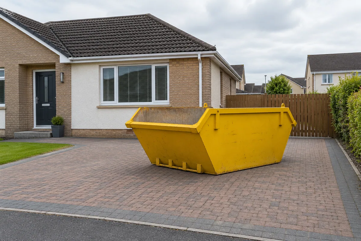 Yellow skip in a clear private position beside a Scottish home