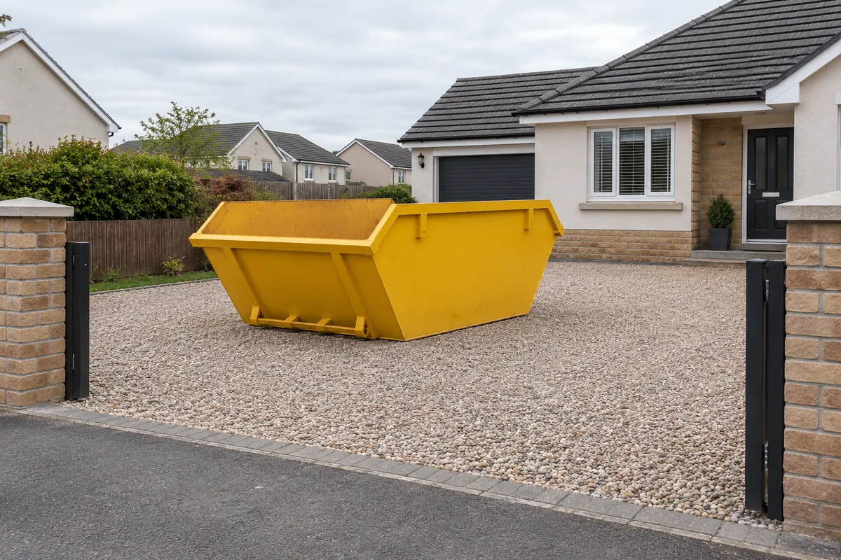 Skip on a broad driveway with gateposts and turning space visible