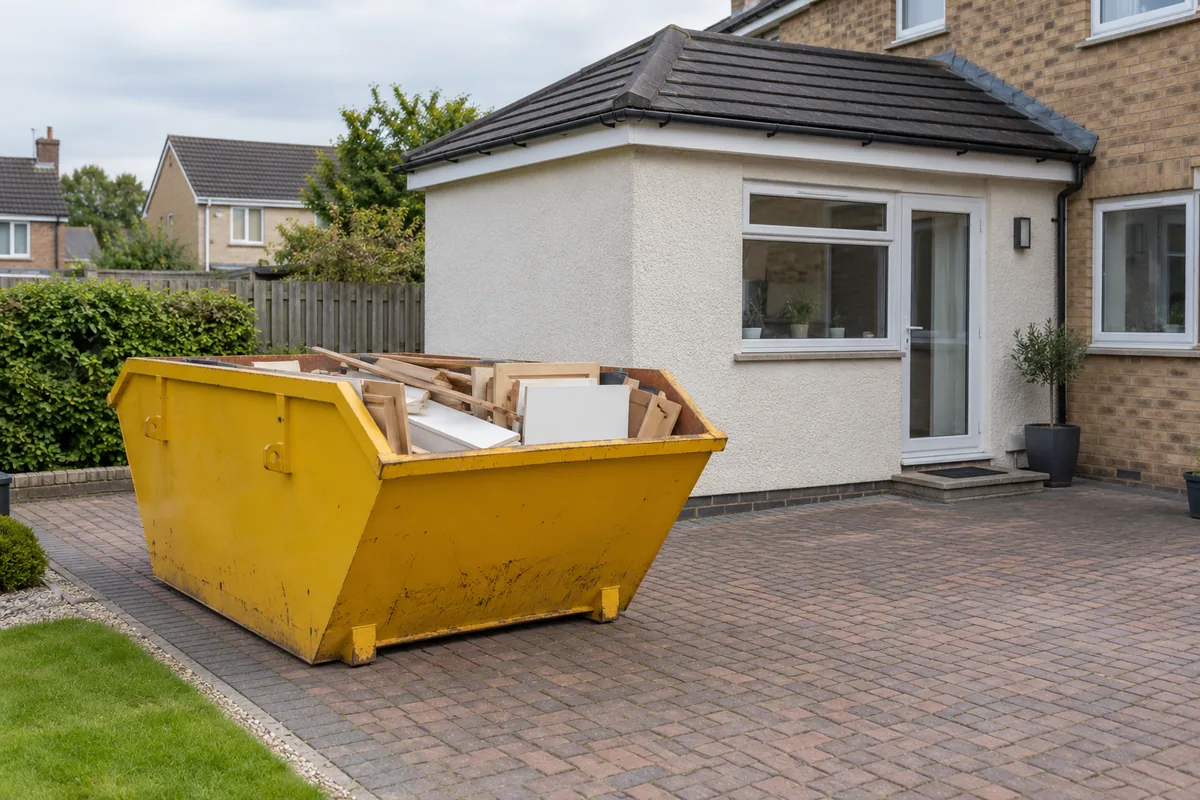 Skip with a low timber load beside a home renovation