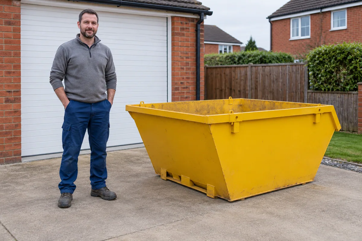 Man standing fully visible beside a 2 yard skip for scale