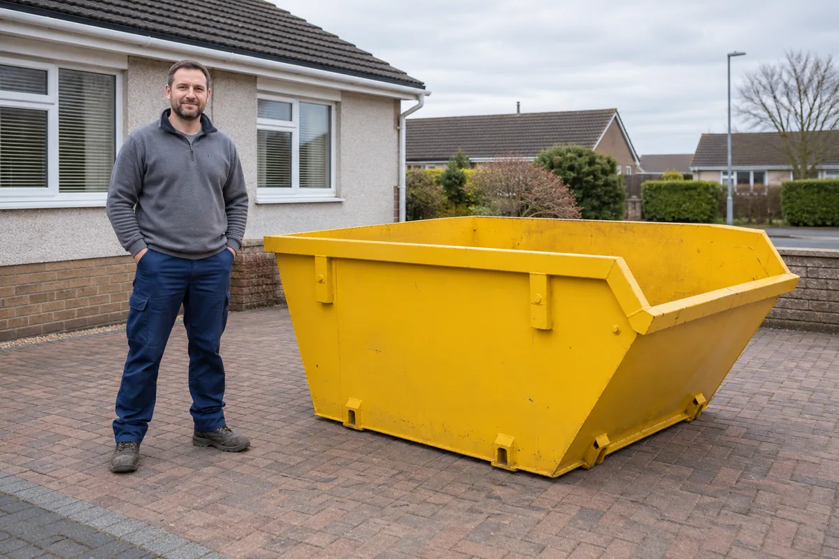 Man standing fully visible beside a 4 yard skip for scale