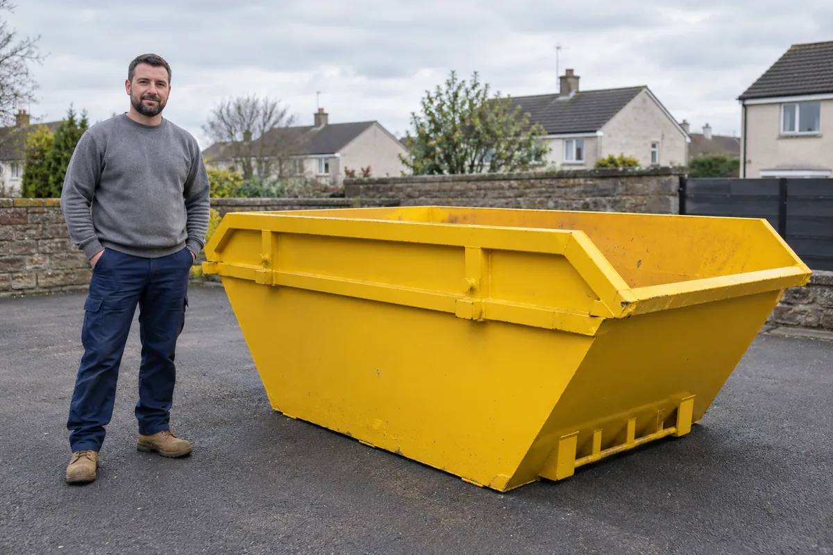 Man standing fully visible beside a 6 yard skip for scale