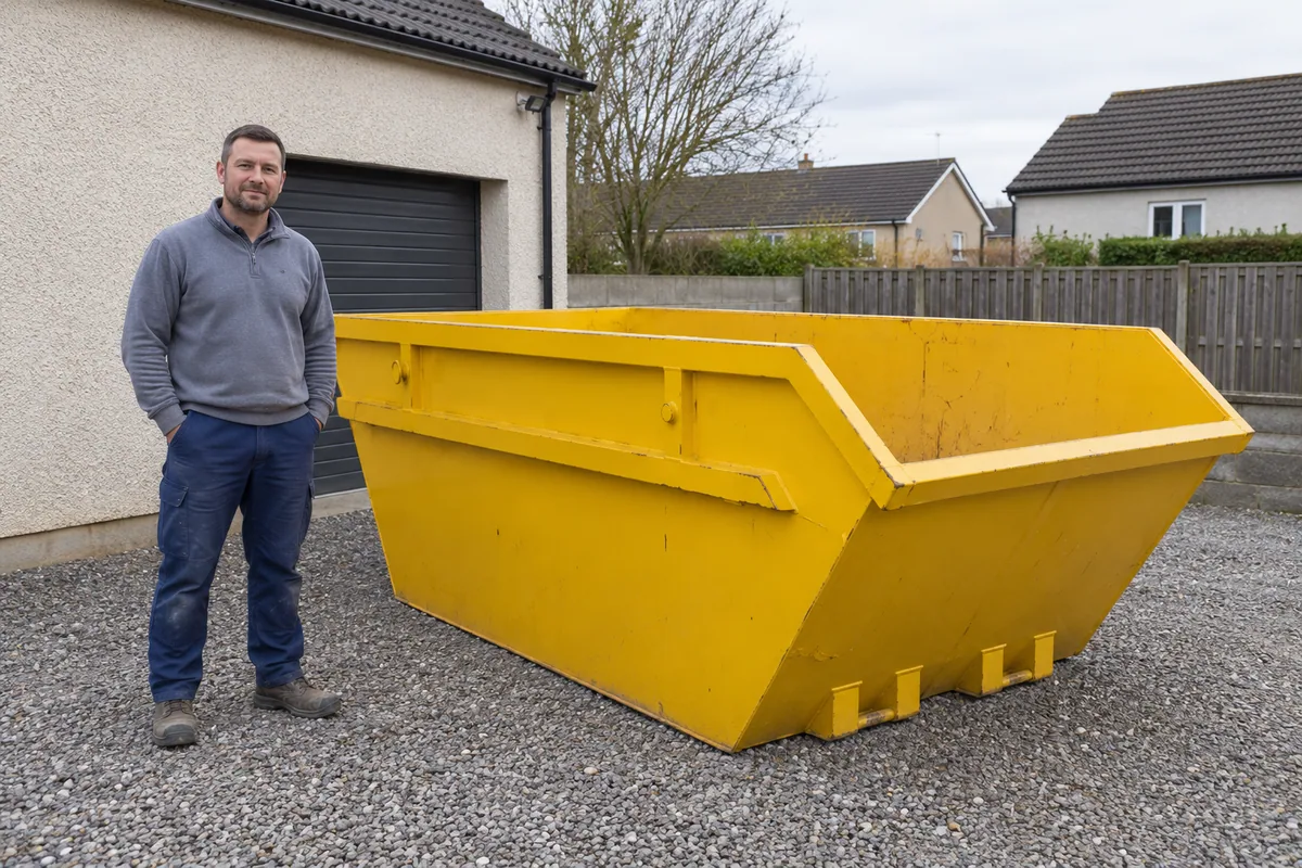 Man standing fully visible beside a 8 yard skip for scale