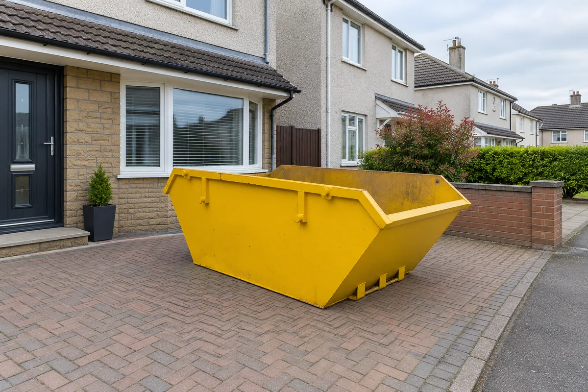 Yellow skip in a clear private position beside a Scottish home