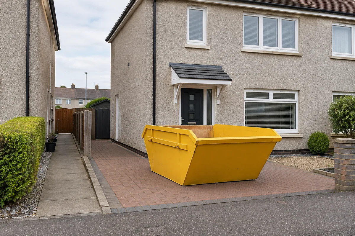 Skip beside a semi-detached home with the shared path clear