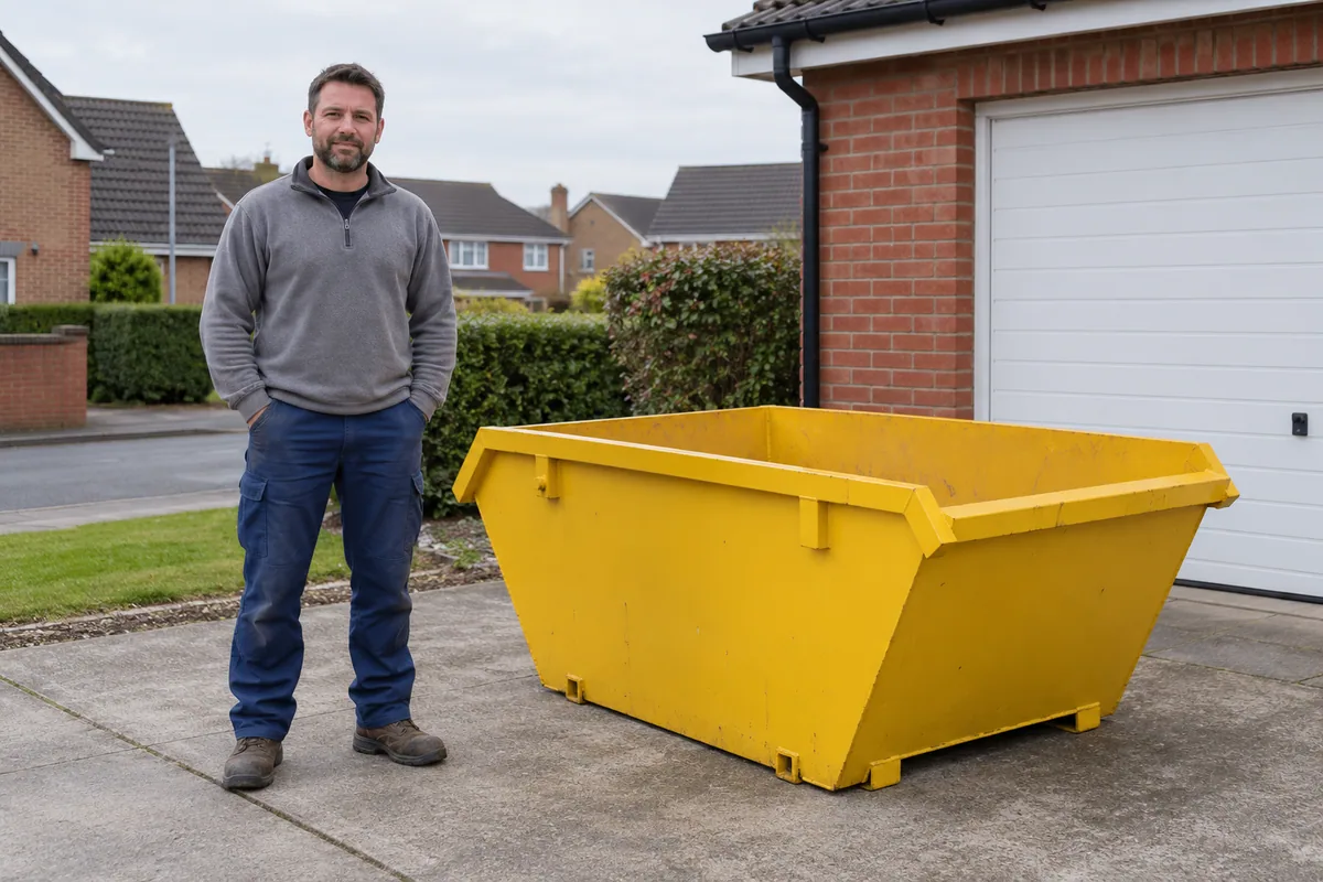 Man standing fully visible beside a 2 yard skip for scale