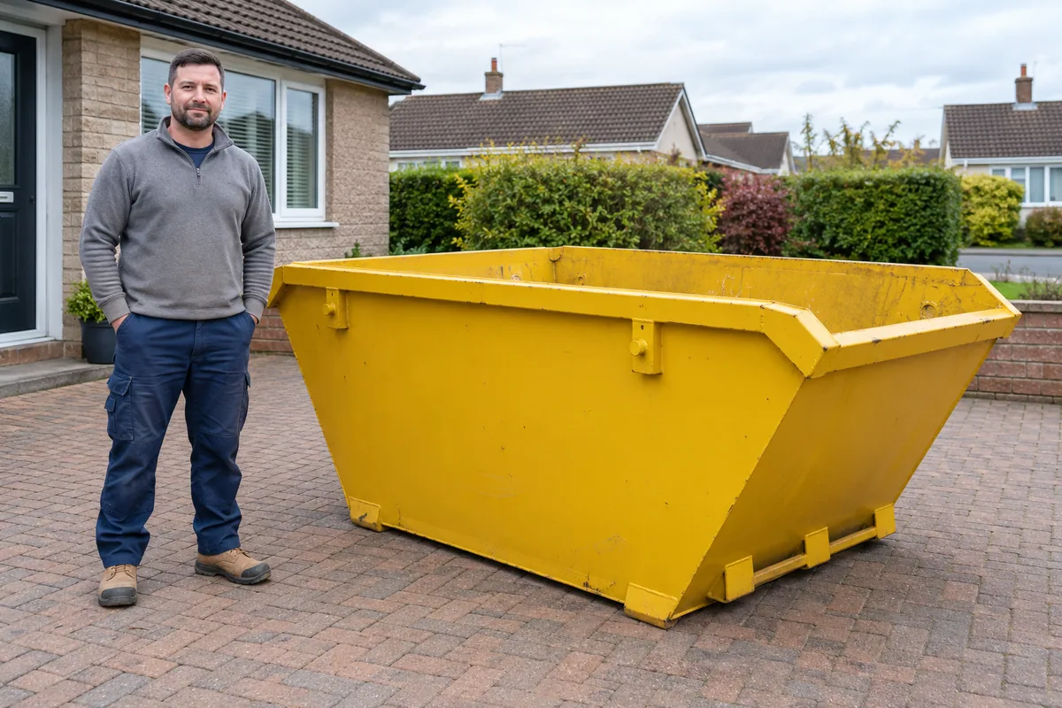 Man standing fully visible beside a 4 yard skip for scale