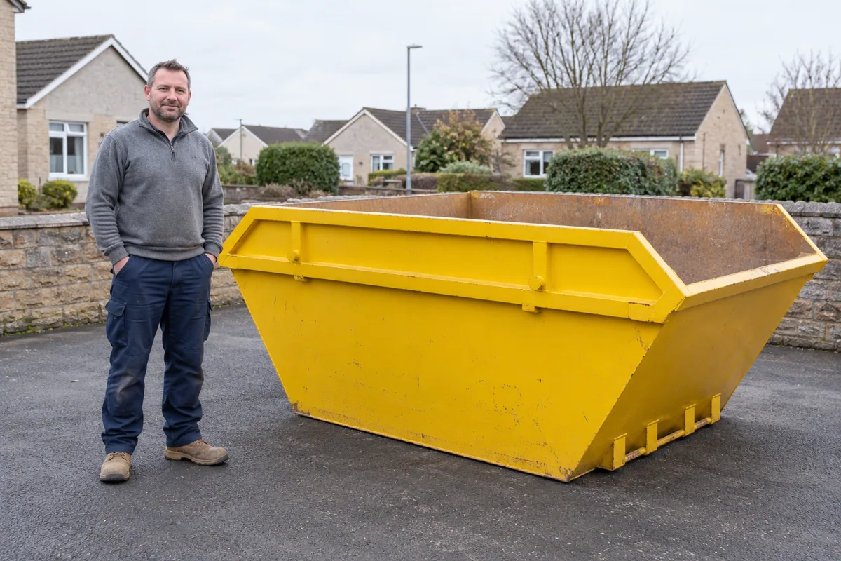 Man standing fully visible beside a 6 yard skip for scale