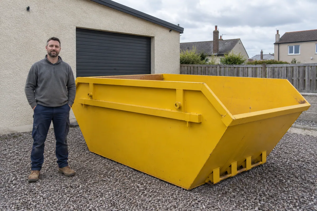 Man standing fully visible beside a 8 yard skip for scale