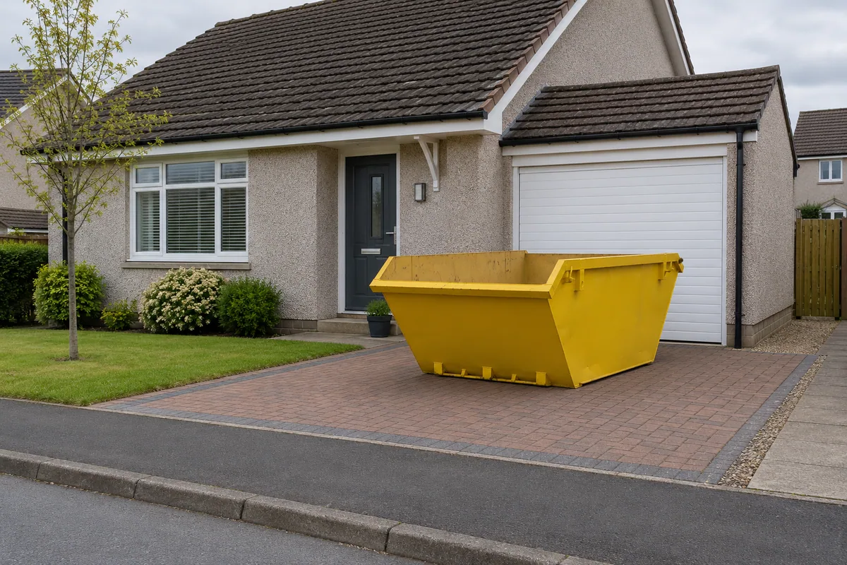 Yellow skip in a clear private position beside a Scottish home