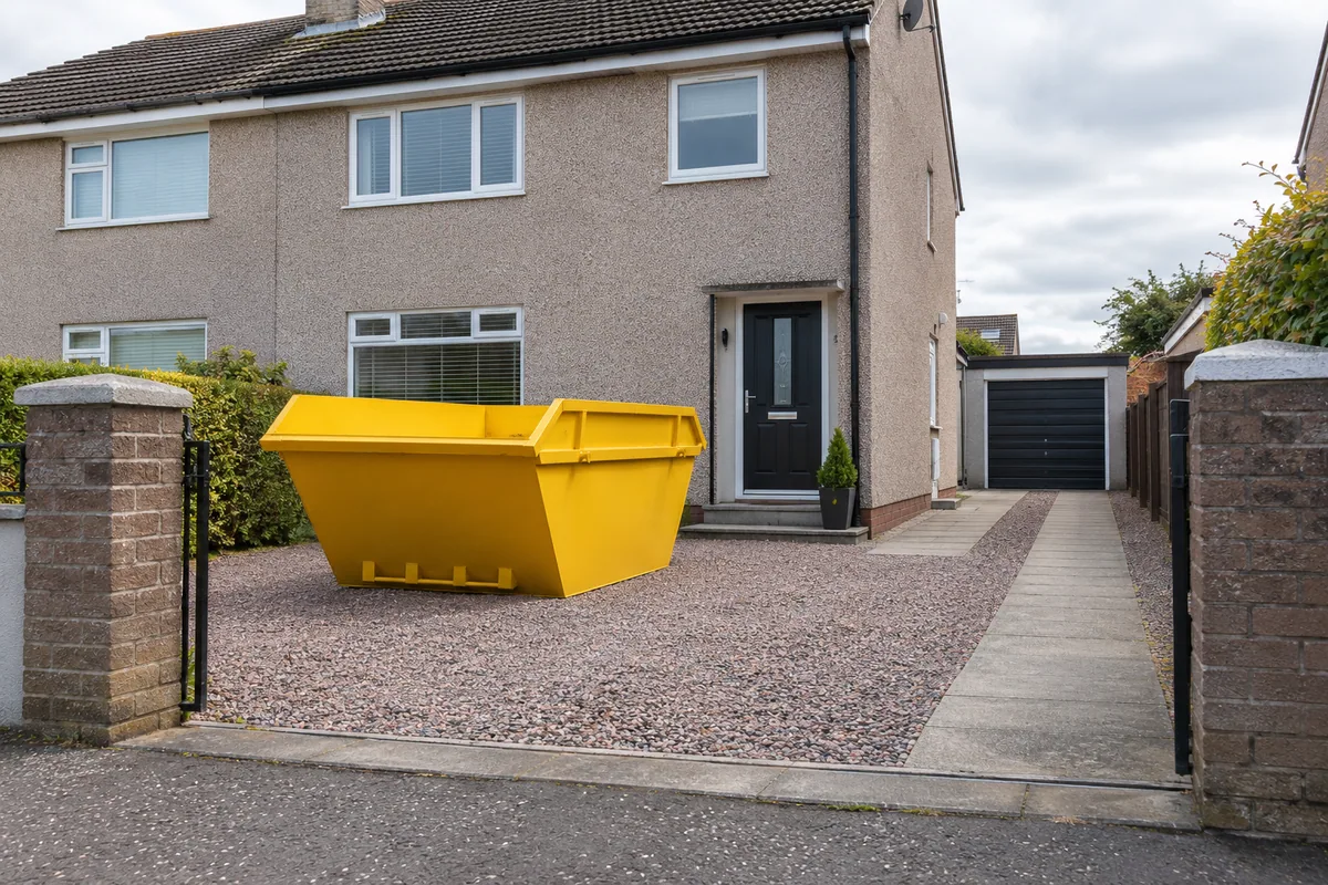 Skip on a driveway with clear access to a garage and side path