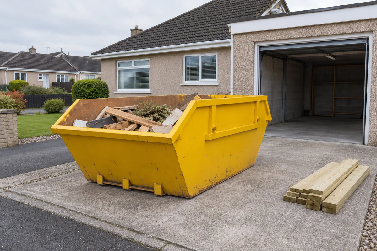 Skip beside a garage with sorted timber ready for loading