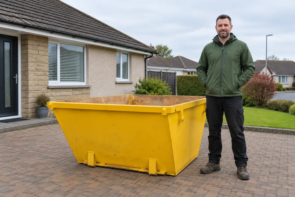 Man standing fully visible beside a 2 yard skip for scale