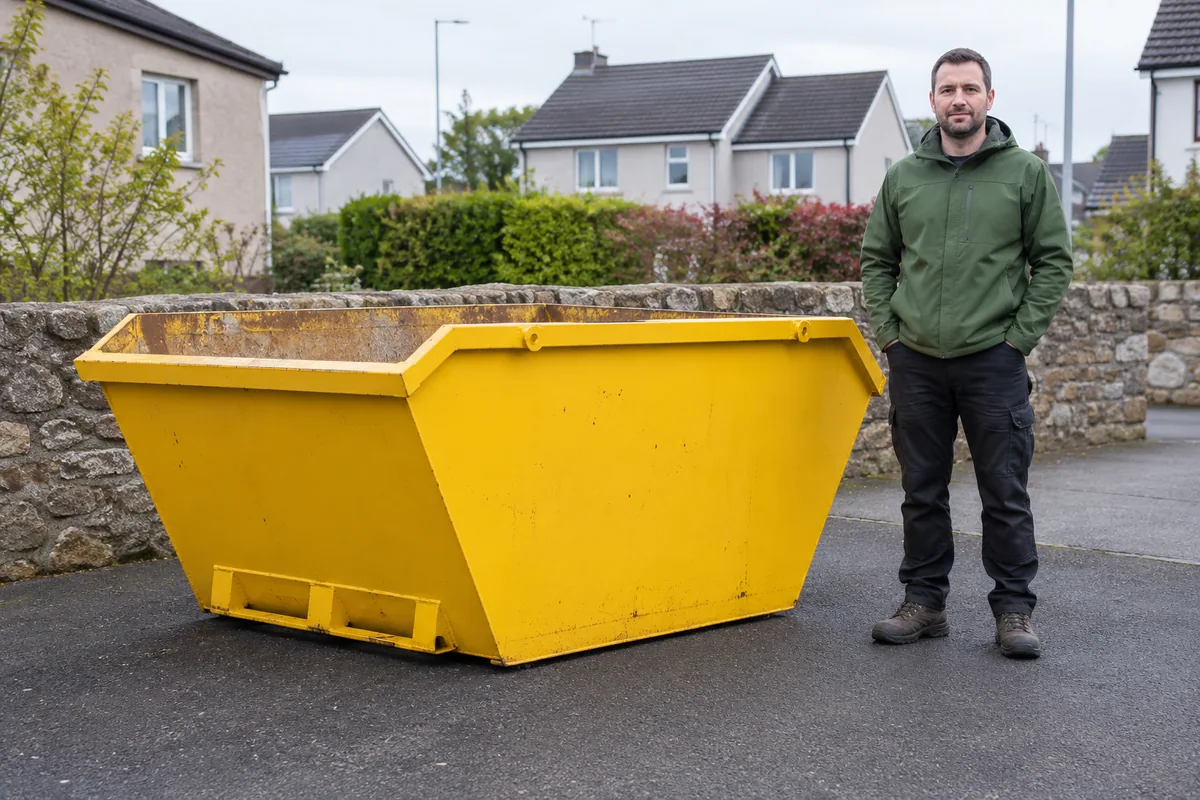 Man standing fully visible beside a 4 yard skip for scale