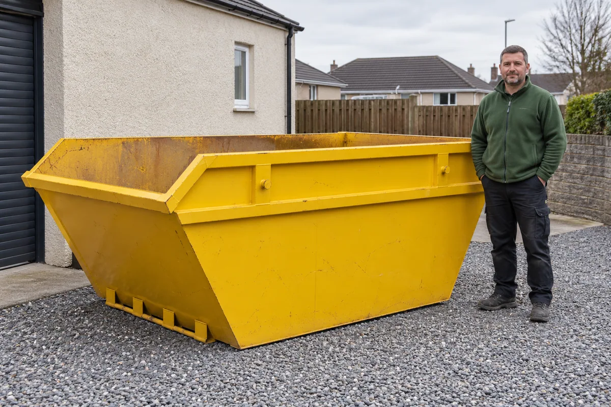 Man standing fully visible beside a 6 yard skip for scale