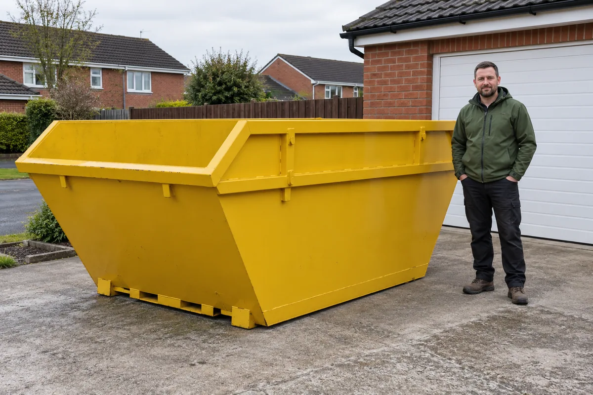 Man standing fully visible beside a 8 yard skip for scale