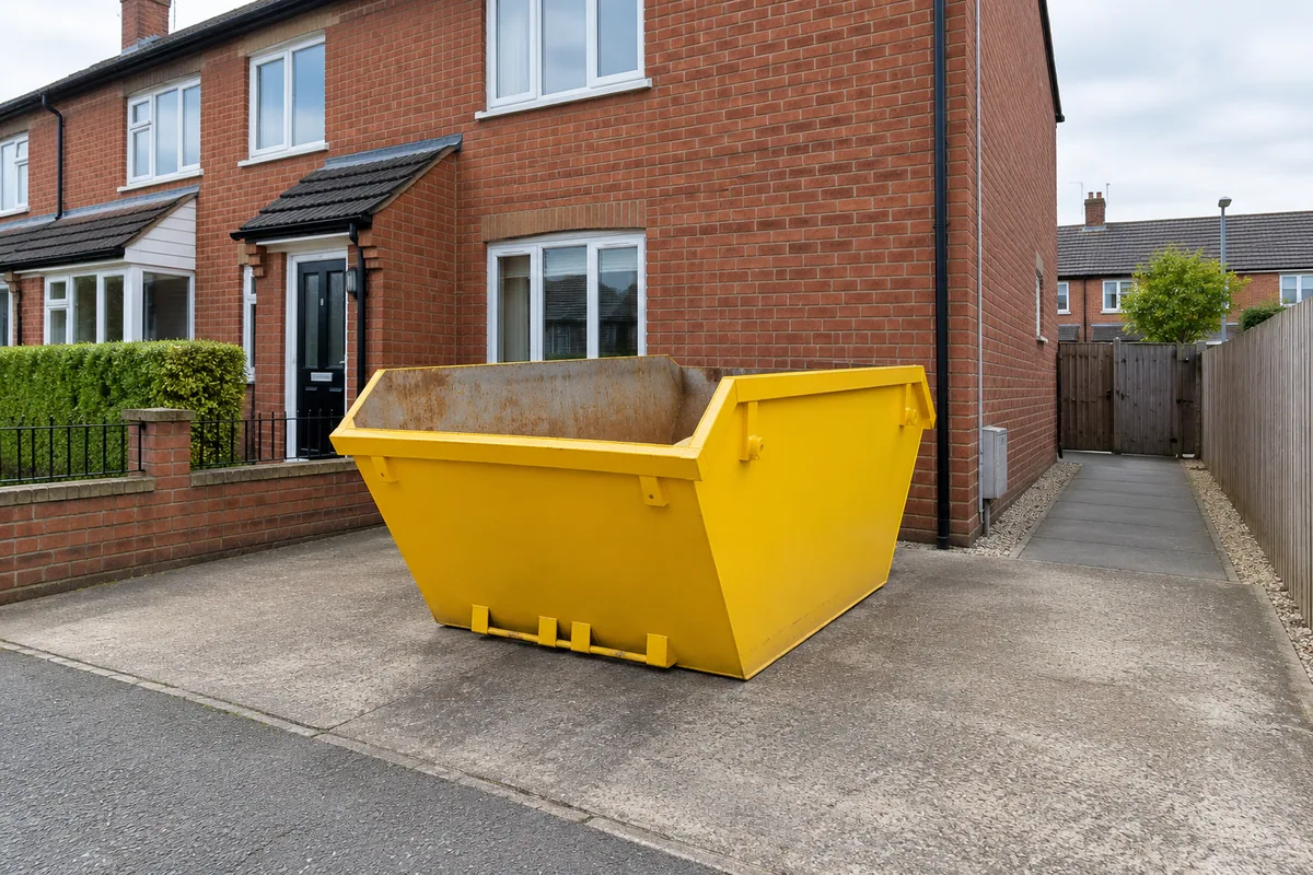 Yellow skip in a clear private position beside a Scottish home