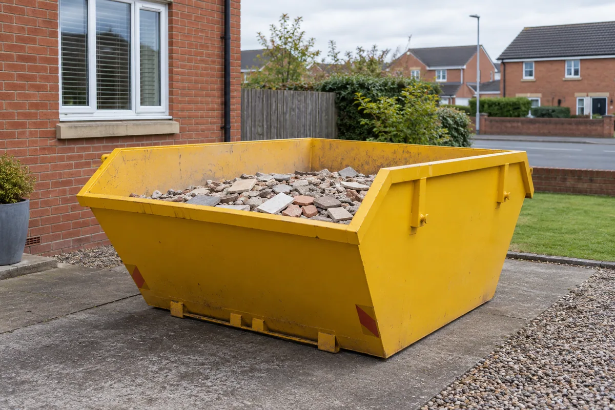 Shallow load of tiles and rubble inside a skip
