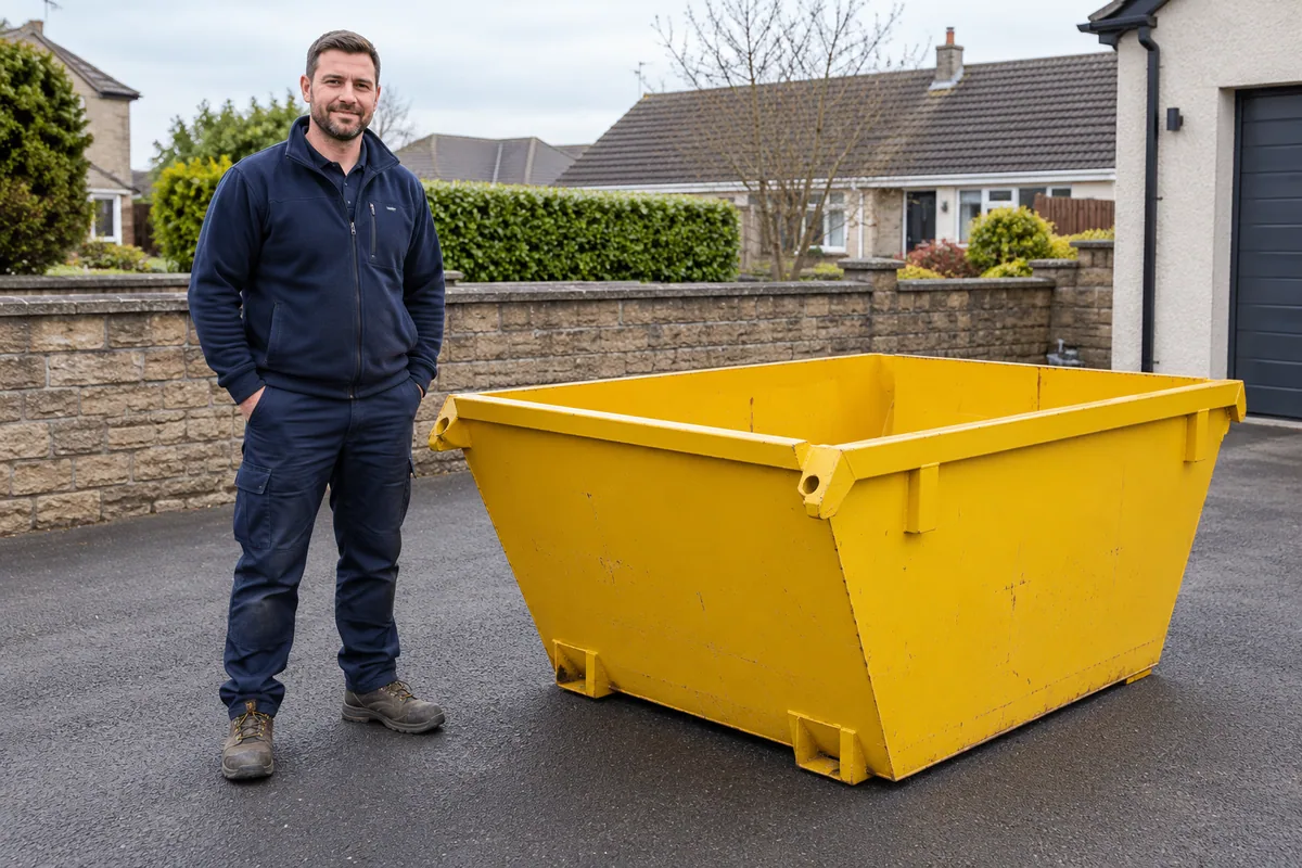 Man standing fully visible beside a 2 yard skip for scale