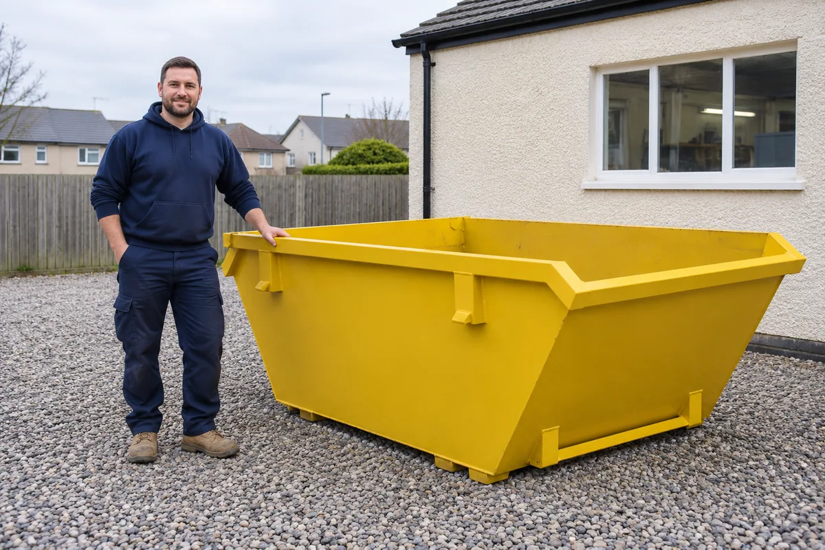 Man standing fully visible beside a 4 yard skip for scale