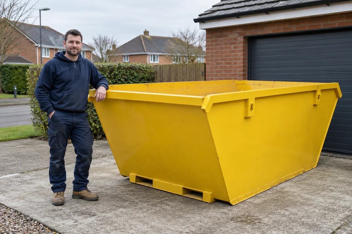 Man standing fully visible beside a 6 yard skip for scale
