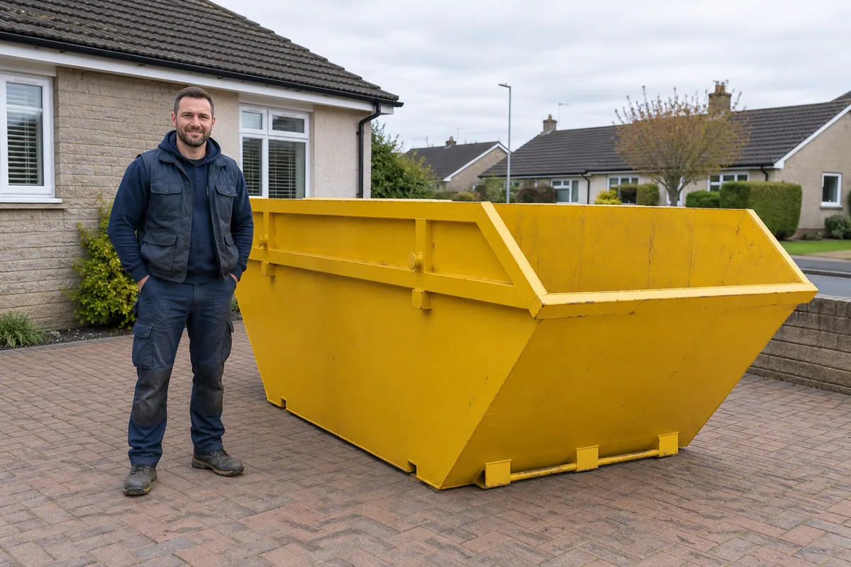 Man standing fully visible beside a 8 yard skip for scale