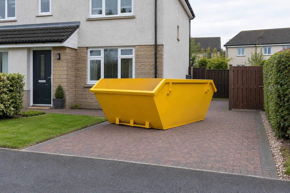 Yellow skip in a clear private position beside a Scottish home
