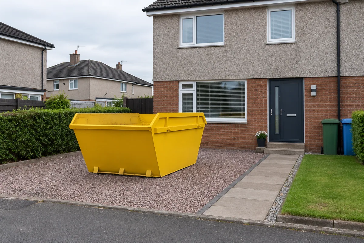 Skip on a drive with a clear route to the door and bins