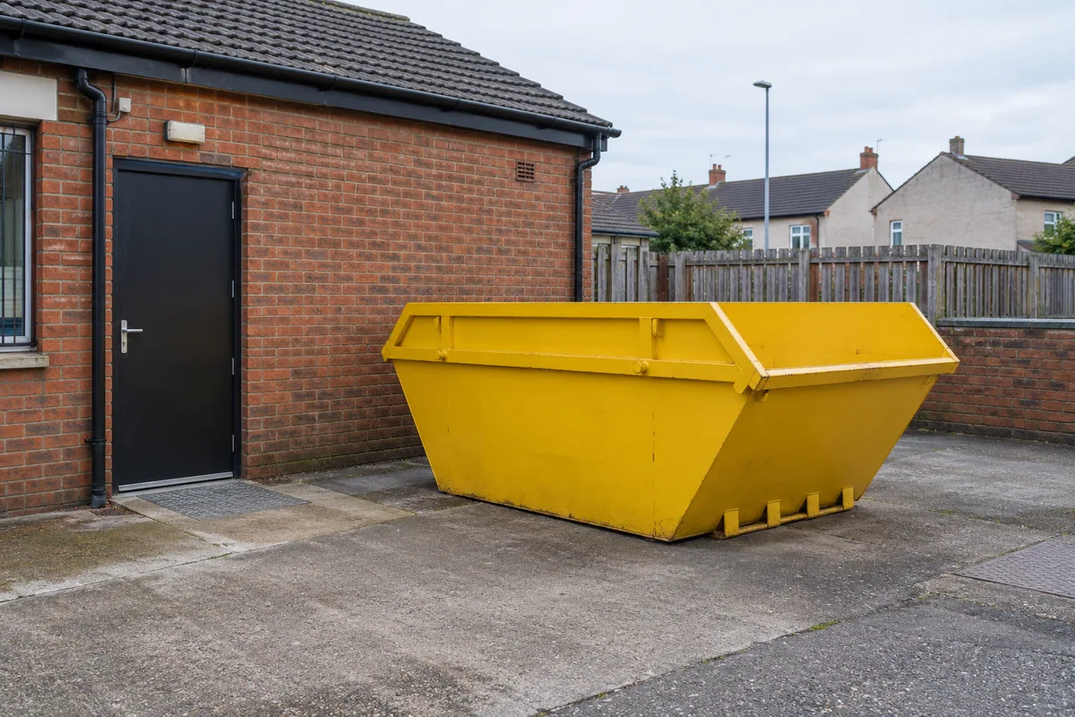 Skip on a private shop forecourt with the loading entrance clear