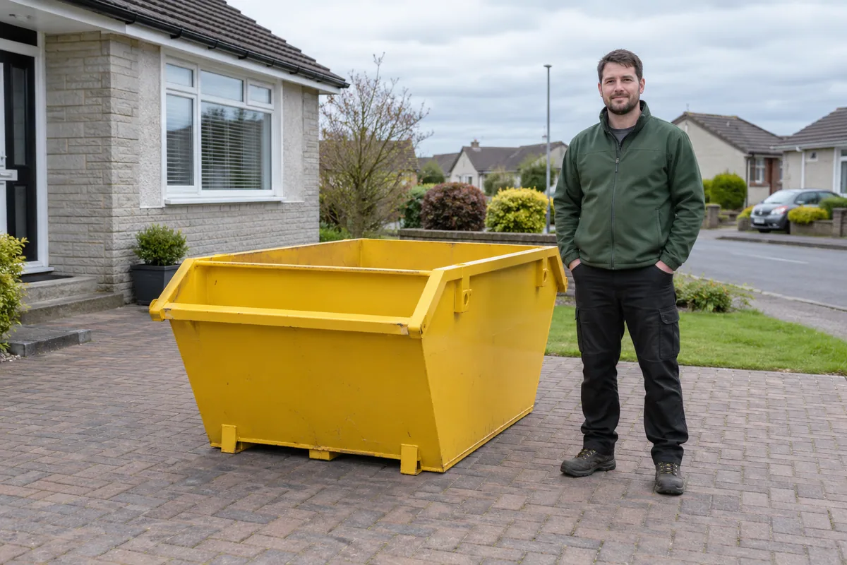 Man standing fully visible beside a 2 yard skip for scale