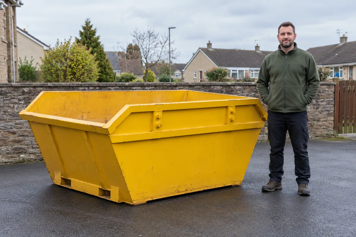 Man standing fully visible beside a 4 yard skip for scale