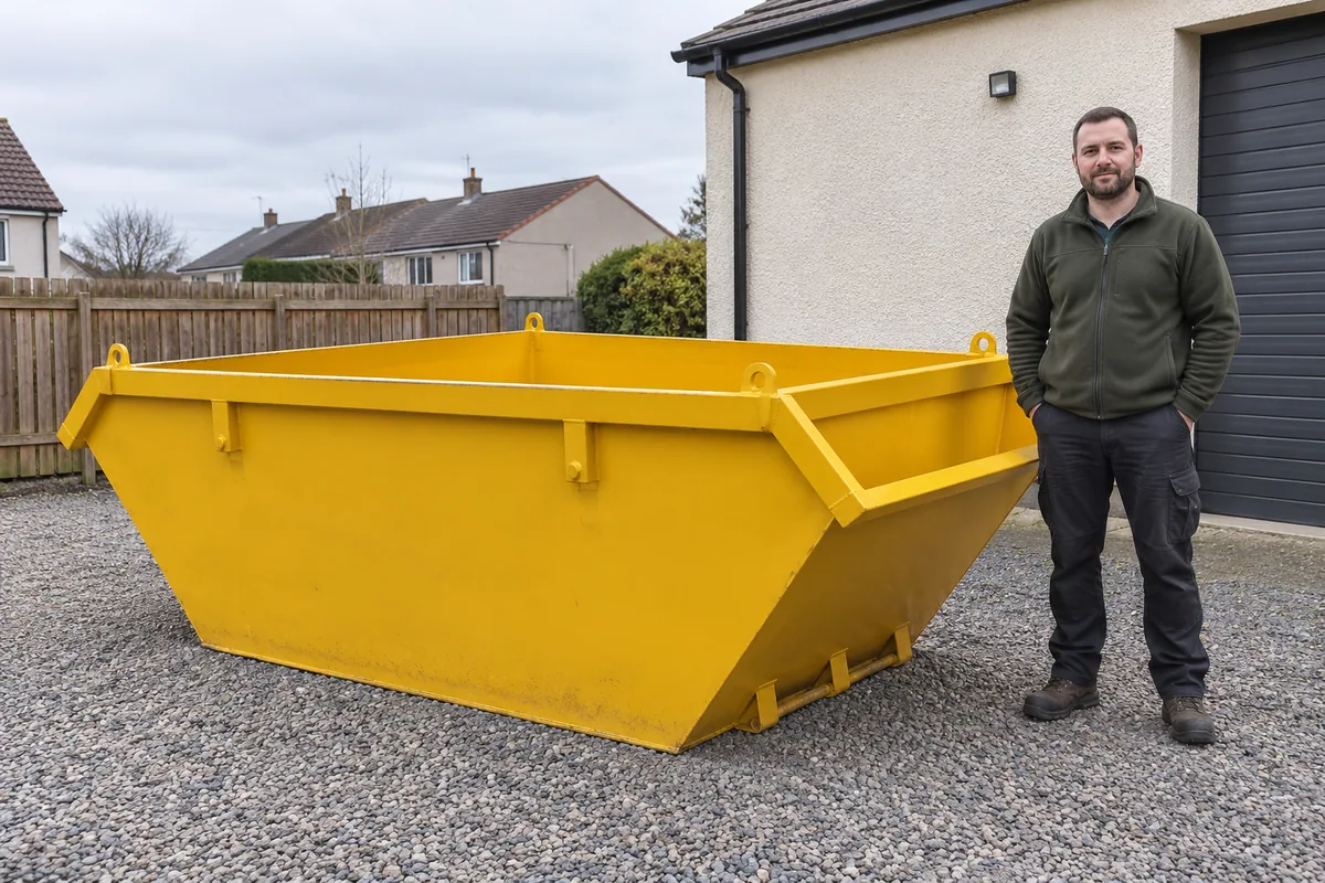 Man standing fully visible beside a 6 yard skip for scale
