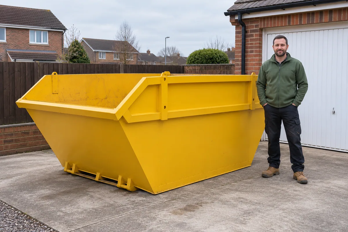Man standing fully visible beside a 8 yard skip for scale