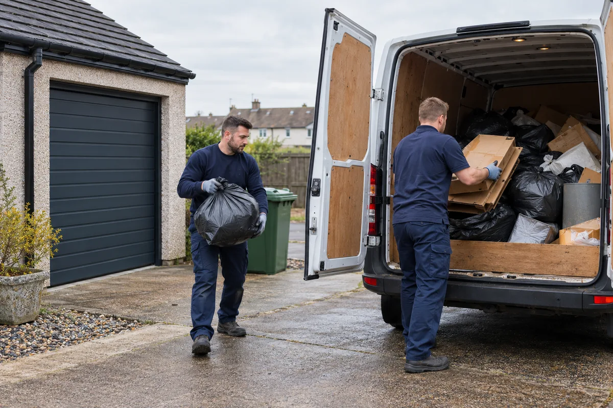 Two workers loading bags and boxes into a collection van