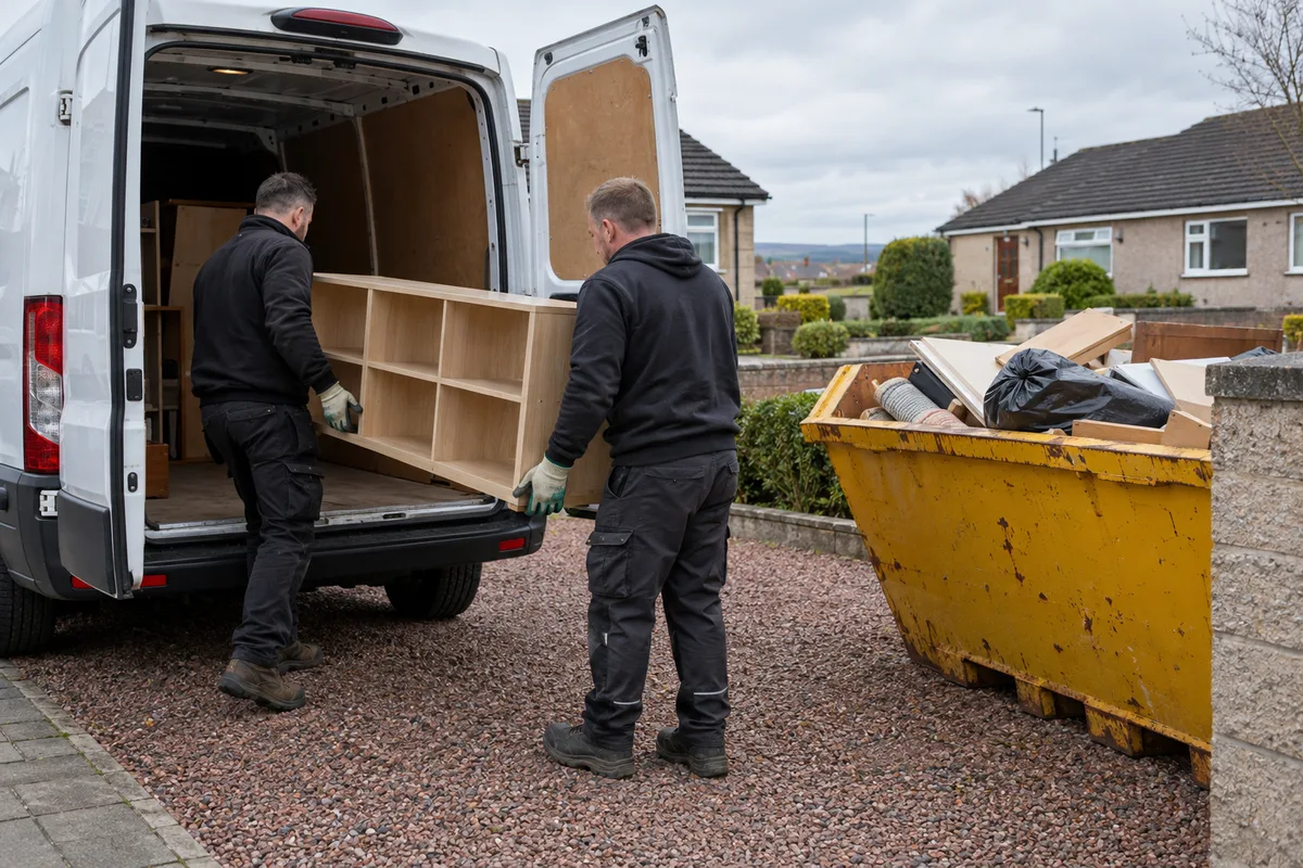 Two workers carrying a dismantled shelf into a waste collection van