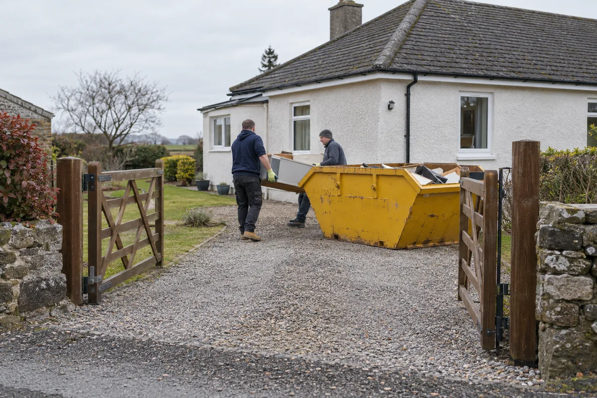 Clear gateway and driveway leading to a small skip