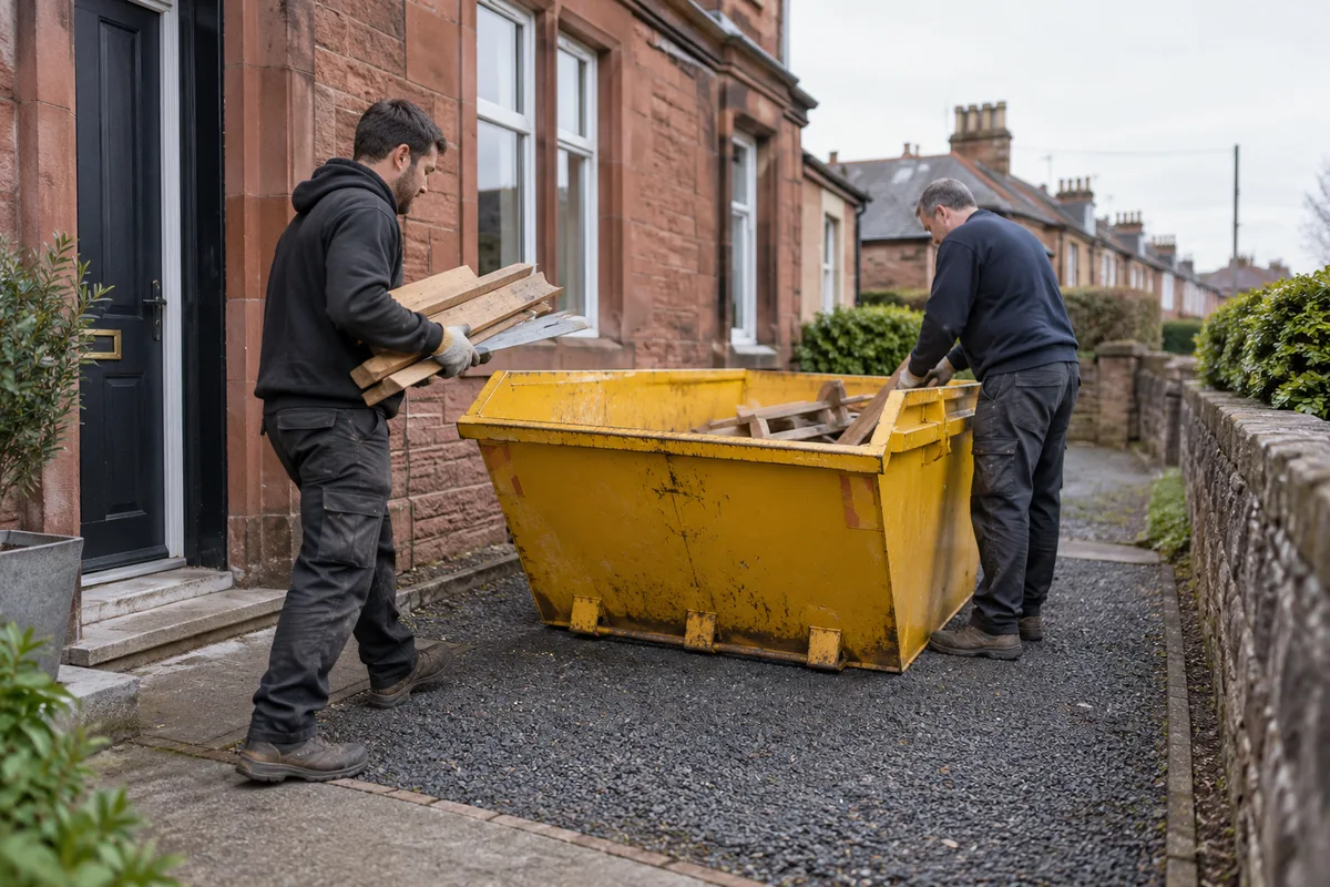 Compact yellow skip on a narrow private driveway