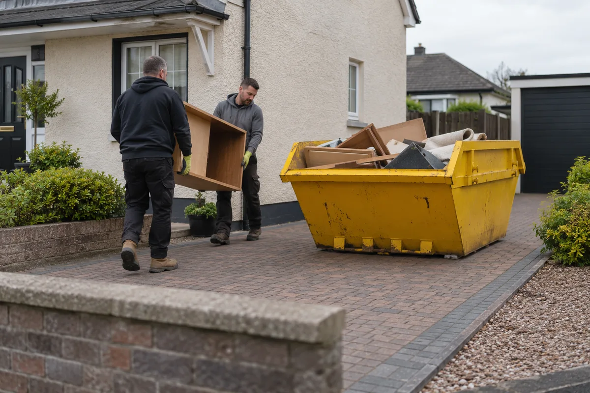 Skip placed on private ground behind the pavement