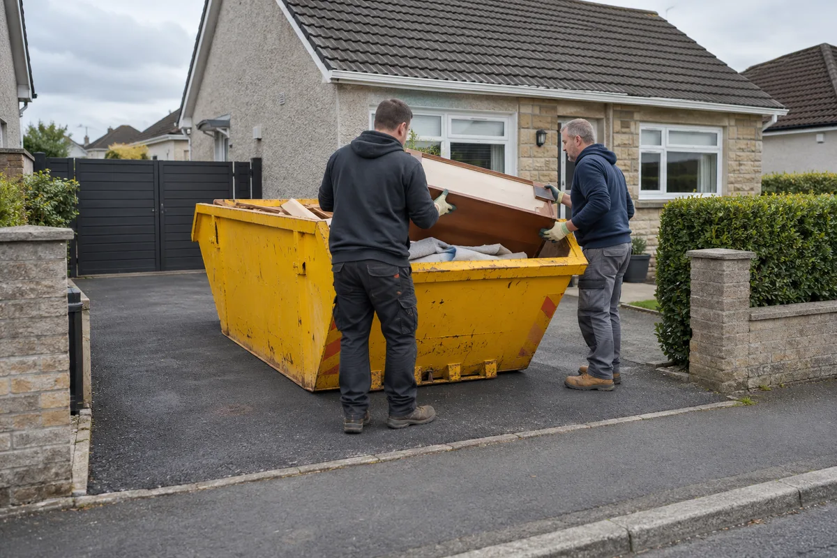 Yellow skip standing entirely on a private driveway