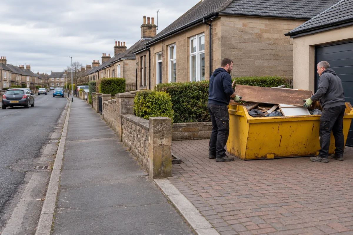 Skip fully inside a private driveway with the pavement clear