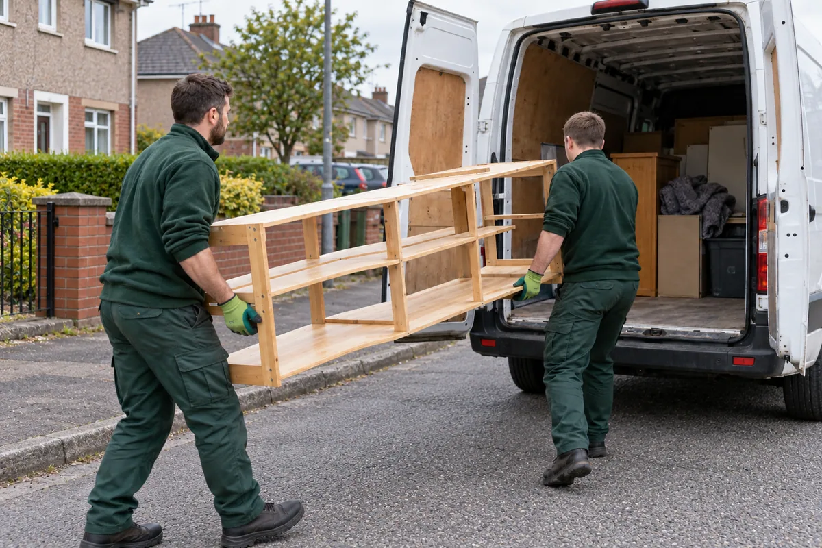 Two men carrying dismantled furniture toward a rubbish collection van