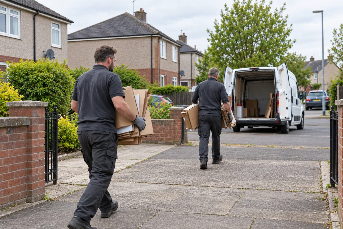 Two men moving boxes along a clear path to a collection van