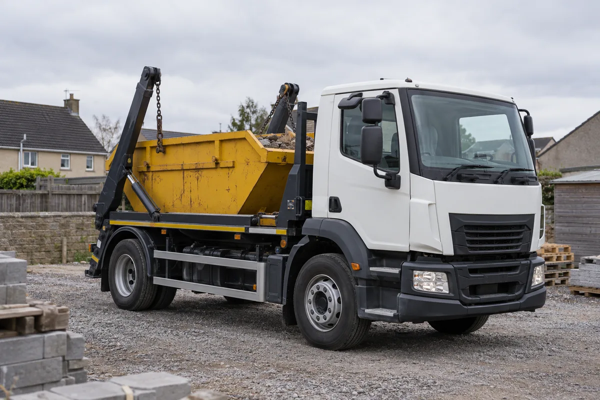 Skip lorry ready to deliver a secured yellow skip