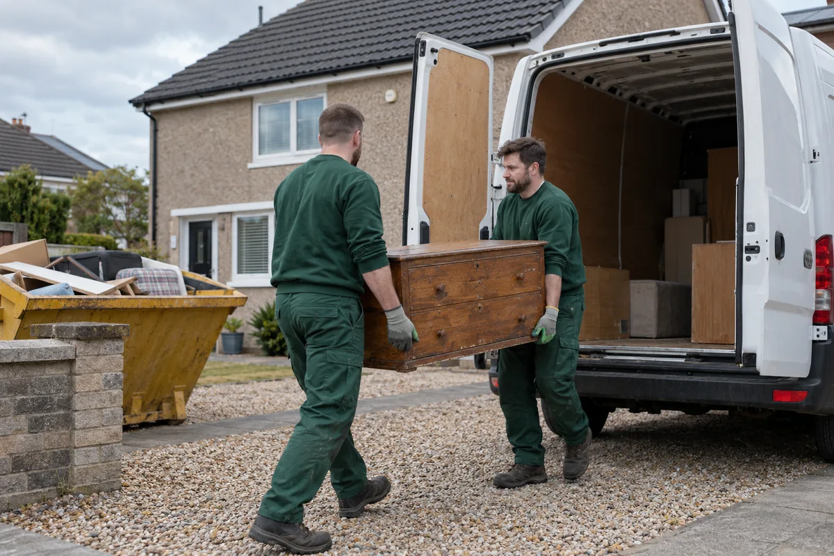 Two workers moving an old wooden chest into a rubbish removal van