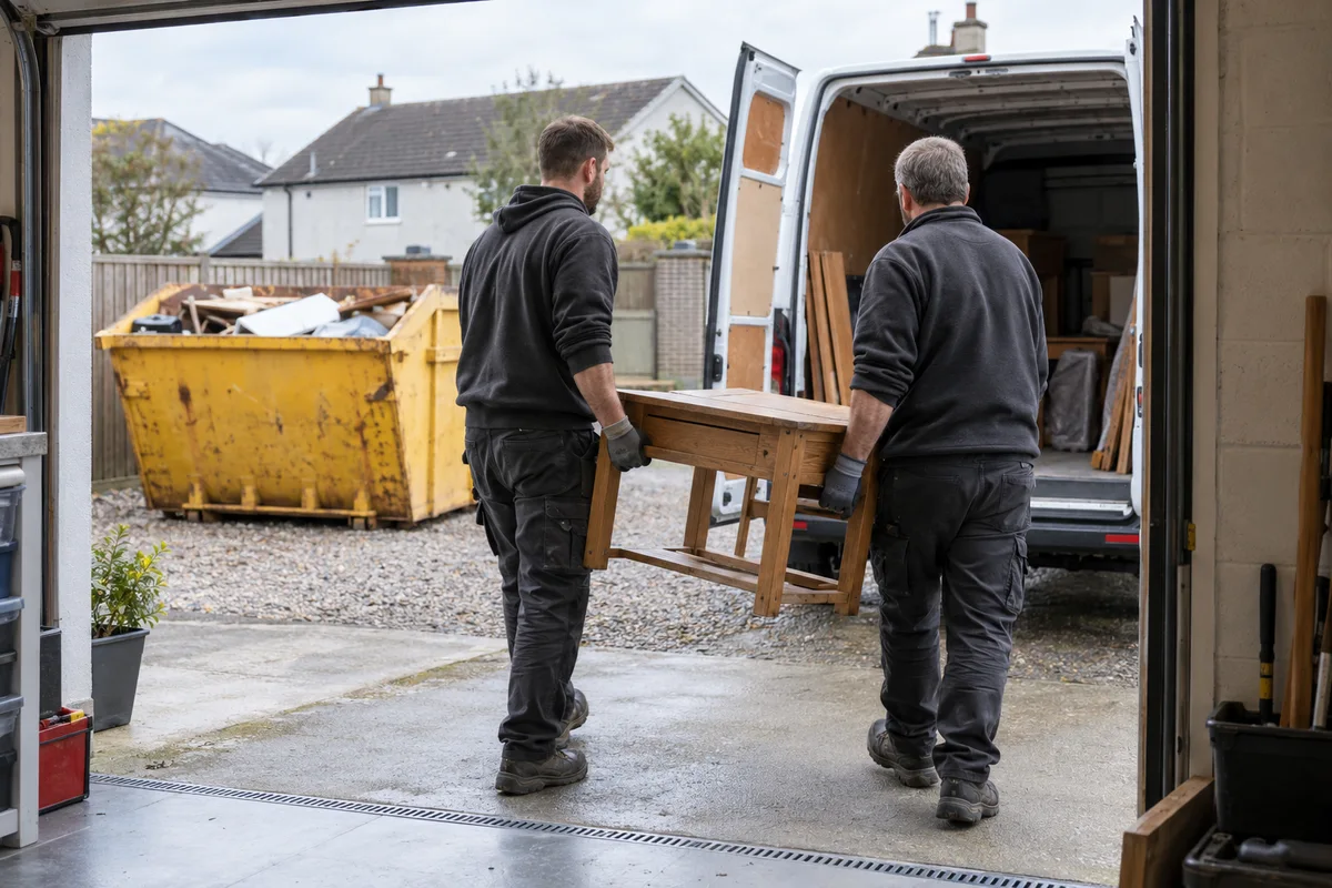 Two workers carrying dismantled furniture out of a garage