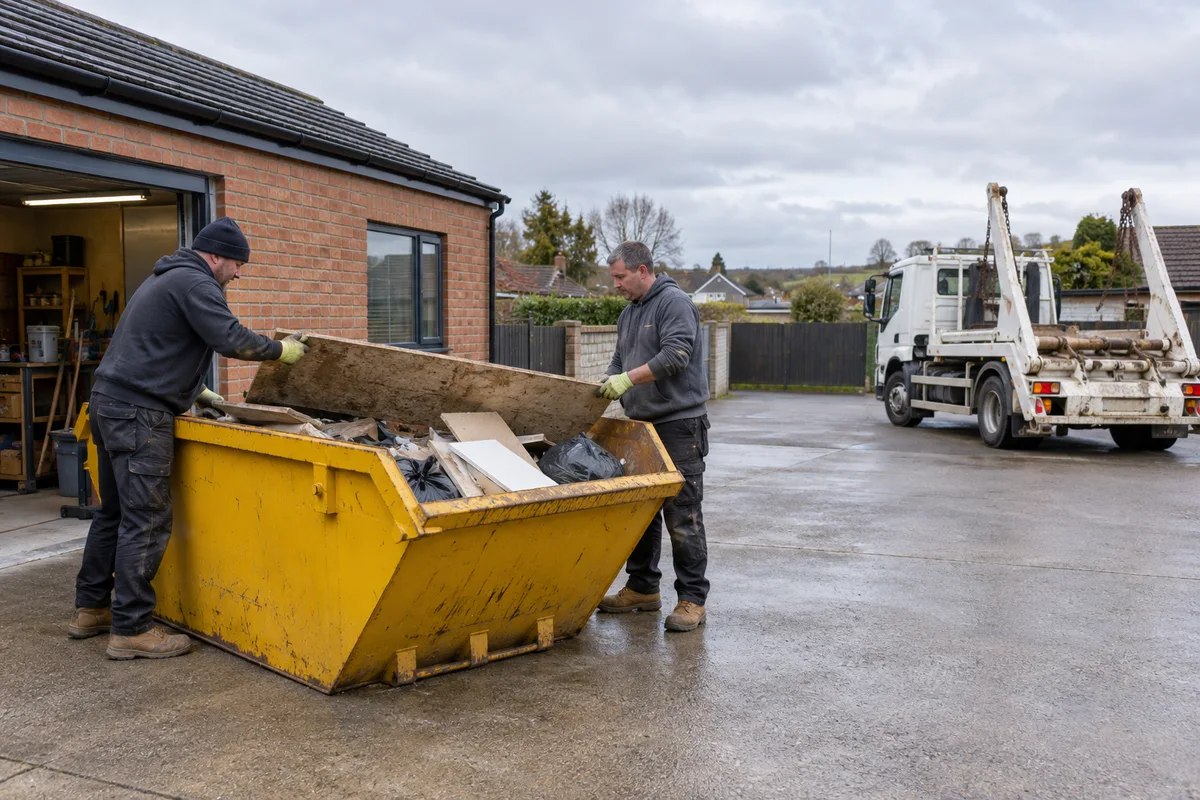 Level hardstanding and clear access beside a builders skip