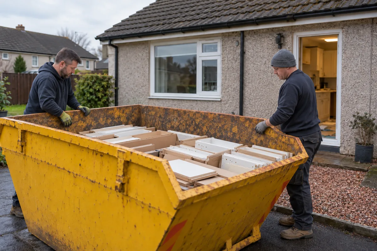 Builders skip with kitchen panels and packaging below the rim